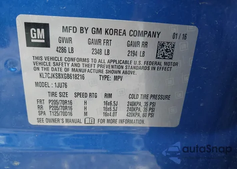 2016 Chevrolet Trax 1Ls z USA, uszkodzony, nr VIN KL7CJKSBXGB618216